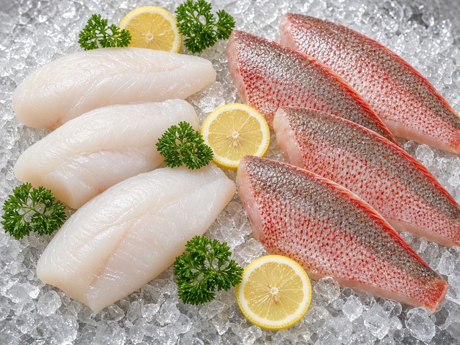 White grouper fillets and red snapper fillets on ice with lemon slices