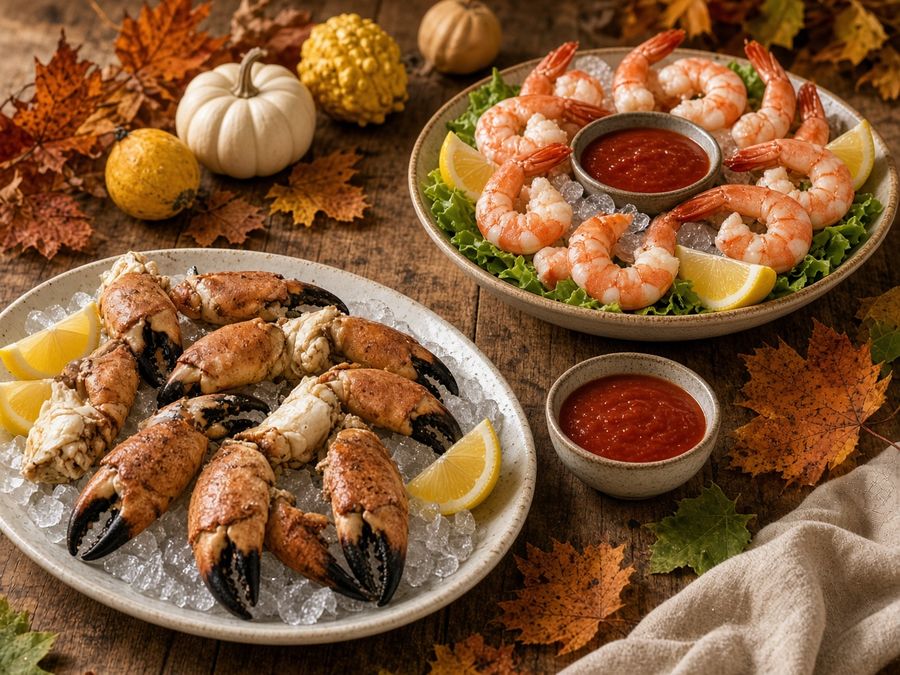 Holiday table with stone crab claws on ice, shrimp cocktail and cocktail sauce among autumn leaves